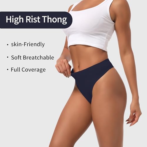 Image of High Waisted Cotton Thongs Underwear For Women Breathable Sport Athletics Panties High Rise Plus Size Multipack
