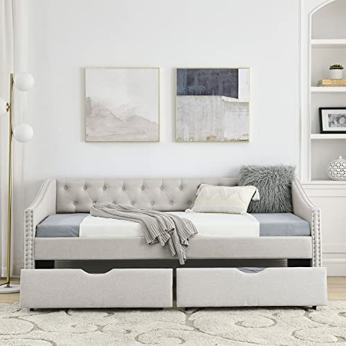 Daybed with Drawers, Modern Linen Upholstered Twin Size Day Bed Button-Tufted Sofa Daybed Frame with Double Drawers, No Box Spring Needed, Furniture for Bedroom Living Room Guest Room (Beige, Twin)