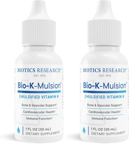 Image of BIOTICS RESEARCH Bio K Mulsion Liquid Vitamin K Drops - 500 mcg /S - Vitamin K1 phytonadione for Adults - VIT K Supplement - Strong Bones, Heart Health, Blood Clotting Support, 1 fl oz (Pack of 2)