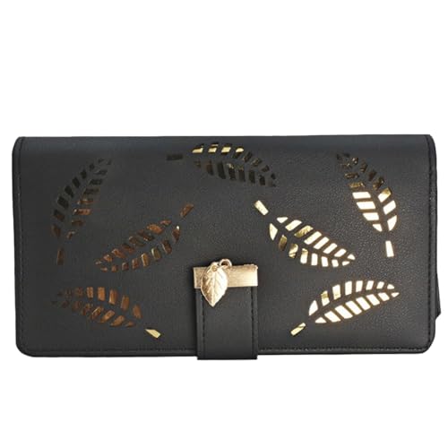 Women's long wallet, hollowed-out gold leaf pattern, double-folding zipper double-layer bag, 12 card slots, large-capacity zipper seal, 3.74 × 7.48 inches, black