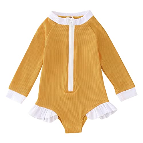 Roupa de banho feminina de manga comprida com babados, cor lisa, 1 peça de roupa de banho para praia