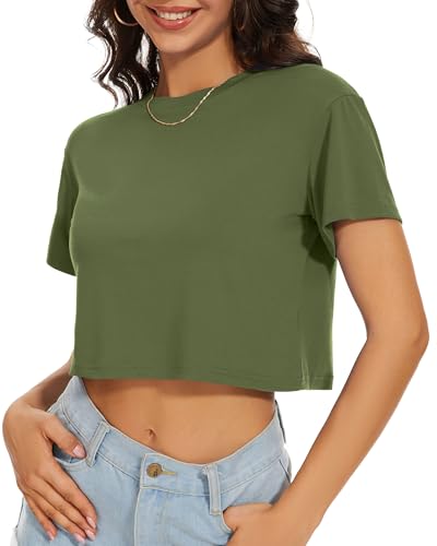 Image of Womens Summer Crop Tops Short Sleeve Round Neck T-Shirts Loose Fit Casual Blouse 2026