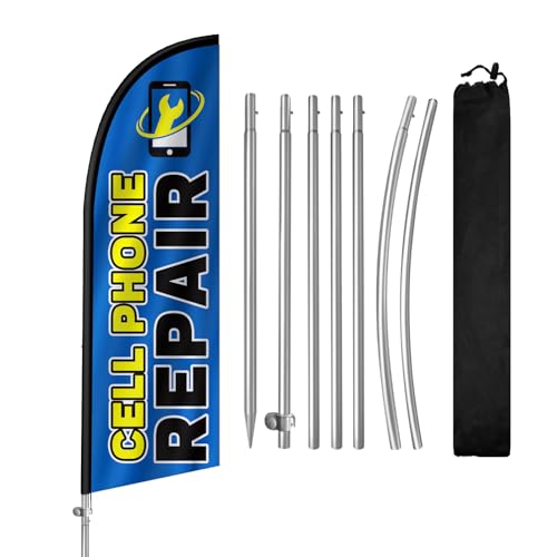 QSUM Cell Phone Repair Flag for Business, Cell Phone Repair Signs, 8FT Polyester Advertising Swooper Flag with Aluminium Alloy Flag Pole Kit, Stainless Steel, Ground Spike, Portable Bag