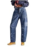 LifeShe Women's Wide Leg Barrel Jeans Drawstring Elastic Waist Denim Pants Loose Baggy Boyfriend Trouser Dark Blue