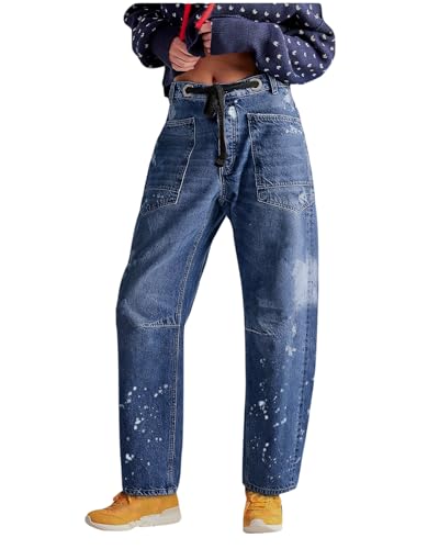 LifeShe Women's Wide Leg Barrel Jeans Drawstring Elastic Waist Denim Pants Loose Baggy Boyfriend Trouser