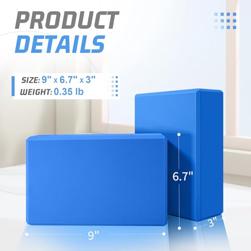 2024 Yoga Blocks 2 Pack, EVA Foam Yoga Block Supportive Latex-Free, Non-Slip Exercise Blocks, Yoga Accessories for Pilates, Meditation, Balance, Stretching and Deep Poses (Blue) - Thumbnail 2