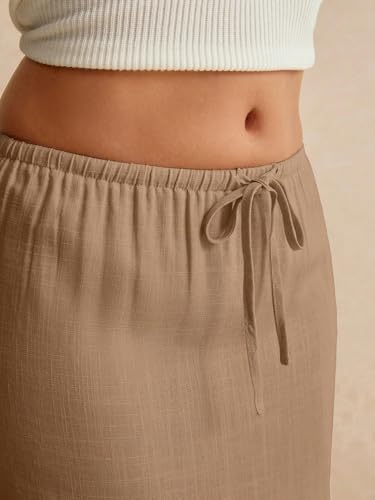 EARKOHA 2025 Women's Summer Maxi Skirt Drawstring Low Waist A Line Linen Long Flowy Skirts Camel L3