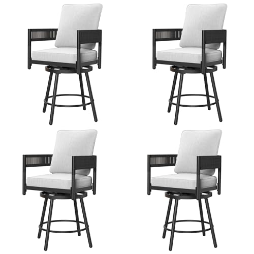 Grand patio Outdoor Swivel Bar Stools Set of 4, 26" Counter Height Swivel Chairs with Metal Frame, Curved Woven Wicker Backrest, Thickened Cushions for Patio, Deck, Balcony (Beige)