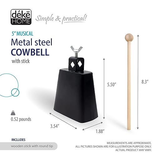 5\" Cow bell musical instrument. Metal steel cowbell with stick. Hand percussion cowbells loud noise makers for football game, home call bells, drumset, farm. Easily mountable. Cencerro de salsa.