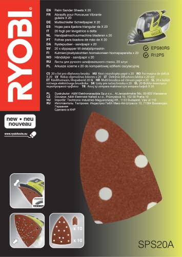 RYOBI - 20 Abrasifs Triangles et Doigts - SPS20A - Pour Ponceuses Palm, Grains 80-120