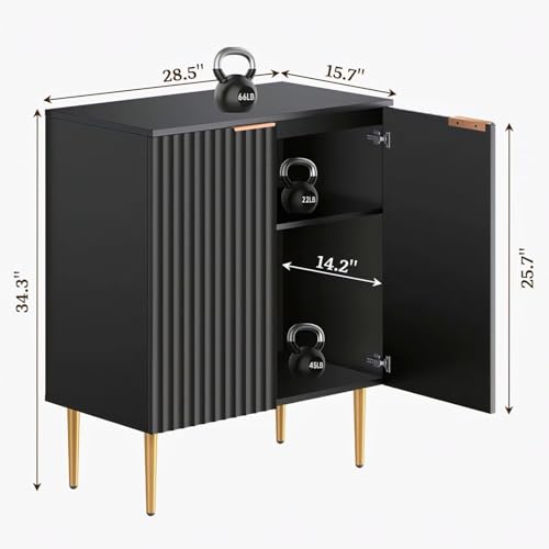Image of Floated Panel Wooden Sideboard Cabinet | 2 Door Storage Unit with Metal Legs | Premium HDMR Wood Console Cabinet for Living Room, Kitchen & Dining | DIY Leg Assembly | Black