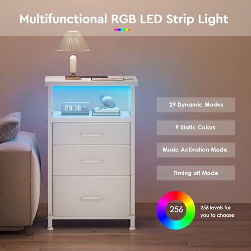 YeTom Nightstand with Charging Station, LED Night Stand with Drawers (Fabric), Bedside Table with Open Shelf, End Table with Steel Frame, 3 Drawer Dresser for Bedroom, Small Space, White Nightstand