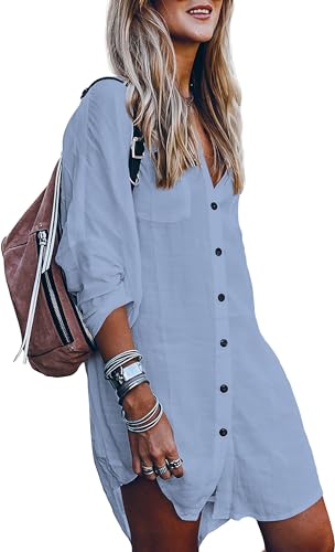 Image of POGTMM Women's Swimsuit Cover Up 3 /4 Sleeve Button Down Shirt Dress