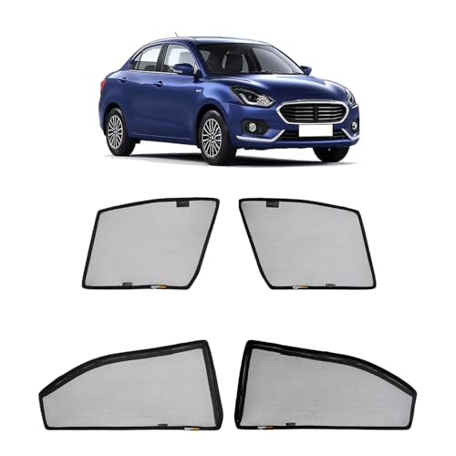 Image of Amazon Basics Side Window Sun Shade for Maruti Suzuki Swift Dzire (2017 to 2019) - Front Half Cut + Rear Zipper | Custom-Fit Magnetic Car Curtains | Black | Pack of 4 Pcs | Cotton Mesh