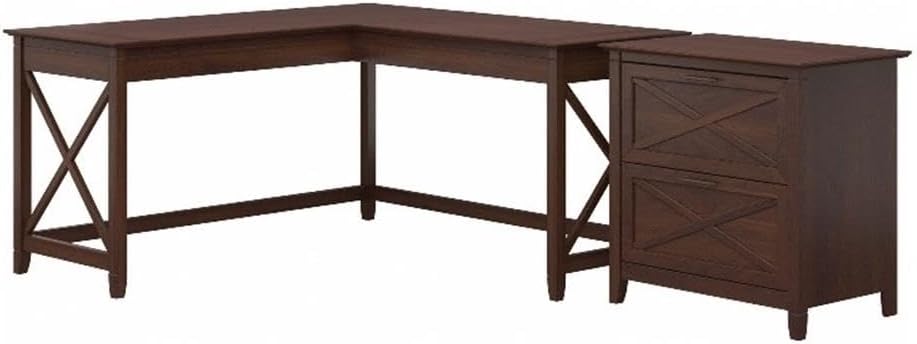 Pemberly Row 60W L Shaped Desk with 2 Drawer Lateral File Cabinet, Durable Corner Desk and Filing Cabinet, Coastal Farmhouse Style Home Office Furniture Set, X Pattern Accents, 157.7 lbs