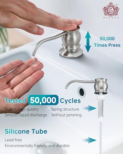 Image of Built in Deck Mount Liquid Lotion Kitchen Countertop Metal Soap Dispenser, Brushed Nickel Brass Dispenser Pump with 47.2 inch Silicone Long Tube for 0.79 inch- 1.38 inch High Capacity Bottle Mouths