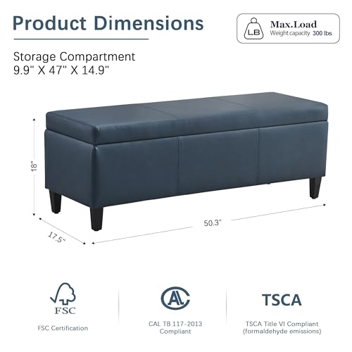 Image of HUIMO Faux Leather Storage Ottoman Bench 50.3 Inch Extra Long PU Upholstered Bedroom Bench with Large Storage Space for The Living Room, Entryway, Bedroom Hold Up to 300lbs (Peacock Blue)