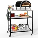 Outdoor Pizza Oven Stand Grill Cart Table Pizza Oven Trolley Stand Stainless Steel Table on Wheels Dining Food Prep Table BBQ Grill Stand for Kitchen Patio Backyard Garden 80x60x90cm