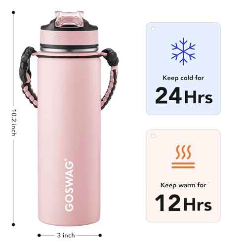 Image of GOSWAG 24oz Insulated Stainless Steel Travel Water Bottle, 2 Lids | with straw and no straw, Paracord handle, Double-wall vacuum keeps drinks cold or hot, Leakproof tumbler