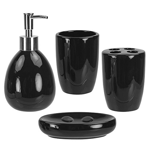 Home Basics 4-Piece Bathroom Accessory Set, Includes Soap/Lotion Dispenser, Toothbrush and Toothpaste Holder, Soap Dish, and Tumbler, Black