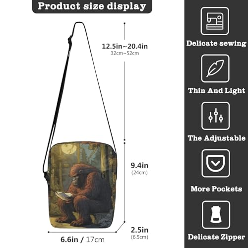Crossbody Sling Bag for Women Men, Zipper Closure Messenger Bags Sasquatch Reading Print with Card Phone Passport Compartment 6.6×9.4×2.5 IN3