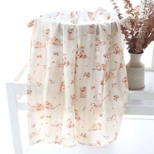 Image of LifeTree Baby Muslin Swaddle Blankets for Boys & Girls, Newborn Swaddle Set with Matching Headband Bow, Infant Blanket Wrap, 47 x 47 inches, Bow Rabbit, 70% Viscose from Bamboo and 30% Cotton