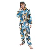 VIGTRO Onesie Jumpsuits Pajamas One-Piece Sleepwear Abstract Geometric Football Printed, Zip Up Doodle Soccer Ball Hooded Pajamas with Pockets Size 13-14Y