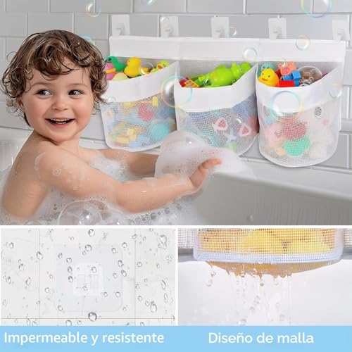 Miniatura 2 de Sztqqing Bolsa Juguetes Bañera Con 3 Compartimentos En Red - Extragrande Con 5 Ganchos Autoadhesivos, Secado Rápido Para Baño Infantil Y Niños