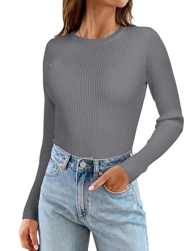 Image of Rocorose Womens Long Sleeve Tops Business Casual Crewneck Sweater 2024 Fall Knit Fitted Shirts