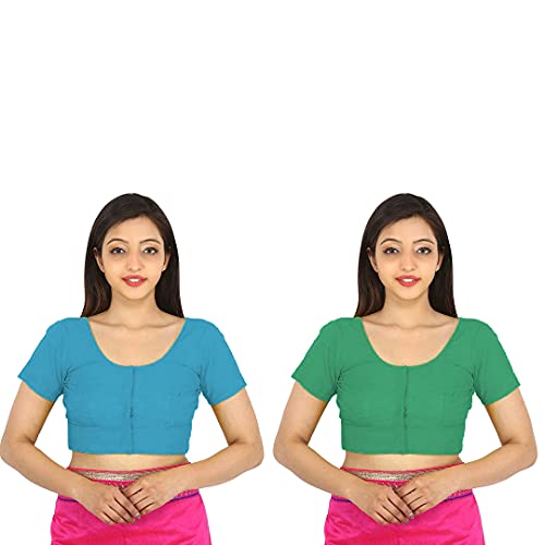 Image of Namita Women's Rubia Cotton Half Sleeve Readymade Blouse (U-COT-COM-2-CYAN-DARKGREEN-40 Cyan, Dark Green 40)