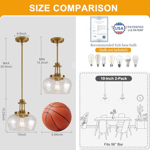 Image of Modern Pendant Lights Kitchen Island, Brushed Gold Pendant Light Fixtures with 10 inch Clear Air Bubble Glass Shade, Industrial Hanging Pendant Lights Fixture for Kitchen Island Dining Room Entryway