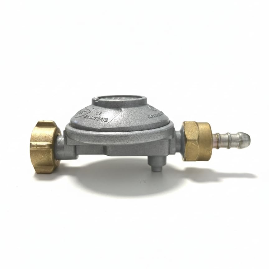 Regulador de gas butano genérico con chupete de 28 mbar de seguridad de flujo limitado – Conexión G.2 Botella 13 kg – Salida Ø 8 mm – para estufa, calefacción, gas – conforme a la norma NF en 16129