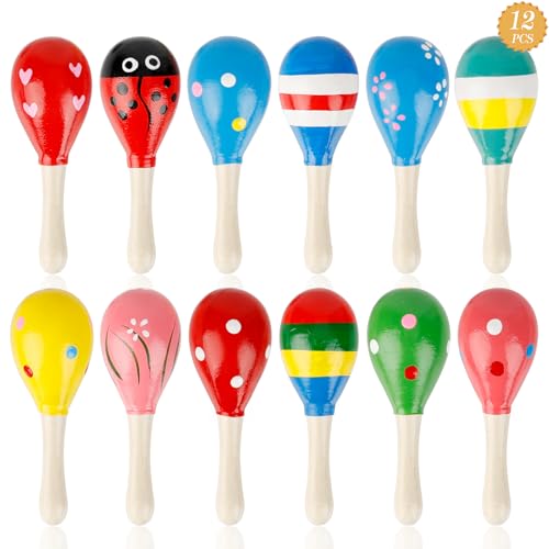 12 Stück Maracas aus Holz, Hölzerne Maracas für Kinder, Holzrassel Baby Musikinstrument, farbig Mini Maraca Shaker Kinder, Naturholz Maracas Klapper für Ostern Osterfest Easter Party