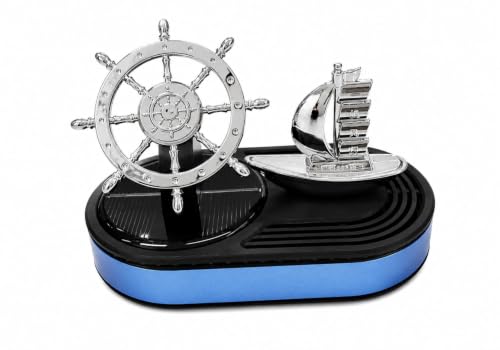 Image of Premium Solar Powered Rotating Ship Wheel Car Air Freshener | Solar Panel Powers The Automatic Rotation Of The Ship And Steering Wheel Under Sunlight. No Batteries Or Charging Required.