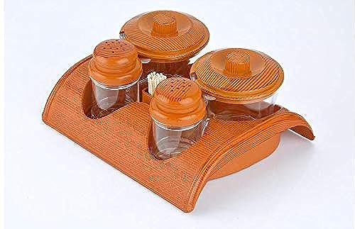 Image of Nabhya Complete Dining Table Set of Pickle Jars, Salt and Pepper Dispenser, Toothpick Holder and Spoon Holder(Wooden Look Design, Plastic) (Enjoy)