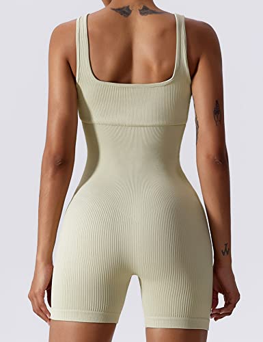 Loovoo Woman's Ribbed Seamless Sleeveless Racerback Tank Jumpsuit Strappy High Waist Shorts Romper Beige L #TOP3