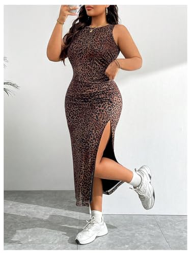 Image of BEAUDRM Women's Y2k Plus Size Glitter Midi Long Dress Leopard Cheetah Split Mesh Tank Dress Party Rave Outfits Multicolor Large Plus