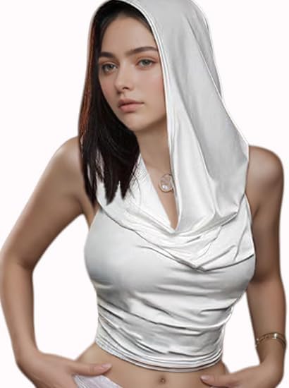 Sexy Crop Top Backless Hooded Tank Top for Women White Rave Outfits Cross Wrap Beach Swim Cover Up with Open Back Streetwear Party Concert Beach