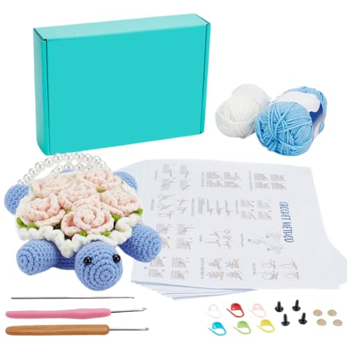 ORIGACH Bolsa de crochê para tartaruga com flor nas costas para adultos iniciantes, kit de iniciantes, bolsa de crochê e bolsa de ombro com tutorial em vídeo passo a passo, instruções, acessórios