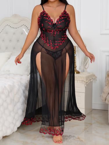 Image of Alrovetoney Plus Size Lingerie For Women Babydoll Sexy Mesh Maxi Nightdress Exotic Sleepwear Side Slits