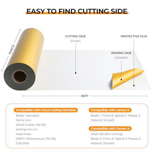 Image of HTVRONT Heat Tranfer Vinyl Roll - 12 inch x 80ft Gold HTV Vinyl for T Shirts, Iron on Vinyl Compatible with Cricut Cutting Machine - Easy to Use for Personalized Gifts (Gold)