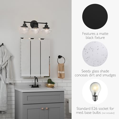 Image of Design House Vintage-Inspired Schoolhouse 3-Light Dimmable Vanity Light, 23.125 in x 7.625 in x 9.5 in, Matte Black, Clear Seeded Glass Shades, 589143-BLK