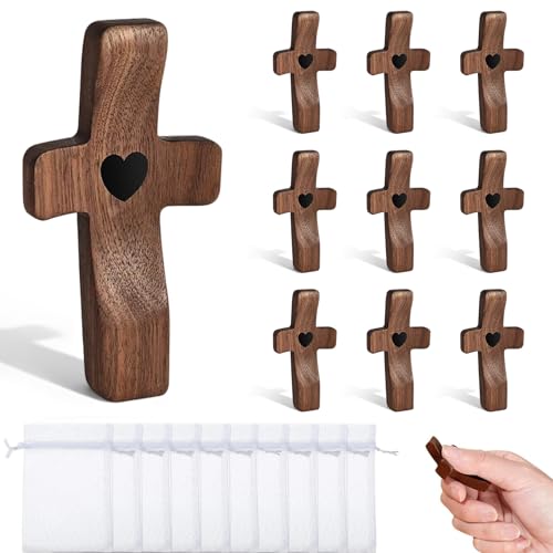 YMTWSRY 10 Stück Geschnitztes Holzkreuz, Handschmeichler Kreuz Holz Klein Kruzifix Handgeschnitztes Liebeskreuz für Andachtsgebete Taufe Kommunion