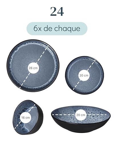 Image of 24 Piece Stoneware Dinnerware Set for 6 - Handmade Reactive Glaze Plates and Bowls Set - Chip & Scratch Resistant Dish Set - Dishwasher Microwave Safe - Dark Smoke Blue