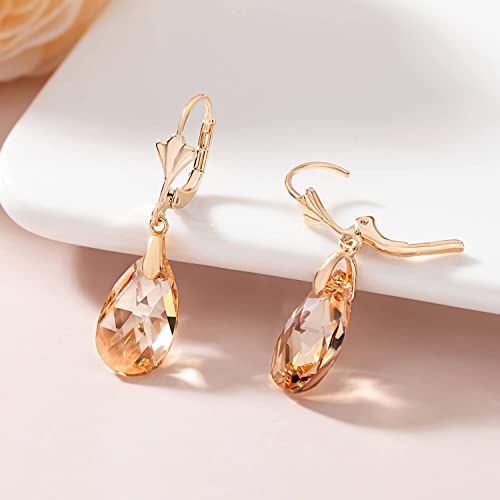 Austrian Crystal Teardrop Leverback Dangle Earrings For Women Fashion 14K Gold Plated Hypoallergenic Jewelry (Topaz) #TOP4