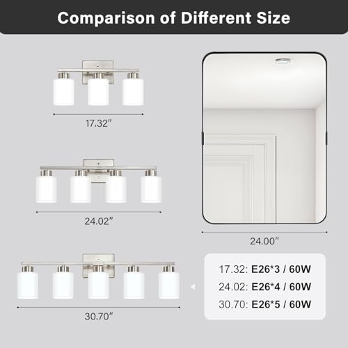 Image of FonmYim Brushed Nickel Bathroom Light Fixtures, 4-Light Modern Vanity Light Over Mirror, Wall Sconces with Milky White Frosted Glass Shades, E26 Socket (Bulbs Not Included)