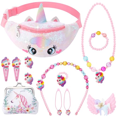Yamitora Einhorn Geschenke für Mädchen 2 3 4 5 6 Jahre Einhorn Bauchtasche Schmuckset Einhor Spielzeug ab 3 Jahre Mädchen Kinderschmuck Set Gürteltasche Kinder