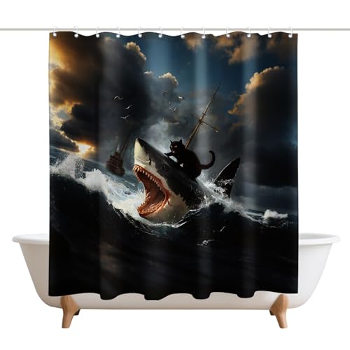XMWYTJ Funny Black Cat Shower Curtains Abstract Quirky Cat and Shark Barn Door Decor Polyester Fabric Waterproof Bathroom Curtains Set with 12 Hooks,71 X 71 Inches