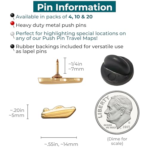 Image of Motor Boat Push Pins - Gold Speedboat Map Pins for Cork Boards, Maps, or Lapel Use - Designed in USA - Set of 20