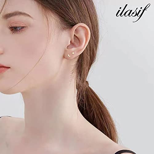 Sterling Silver Stud Earrings - 4 Pairs Small Gold Plated Ball Earrings Triangle Stud Star Moon Round CZ Earrings Bar Earrings Set Hypoallergenic Cartilage Tragus Earrings4